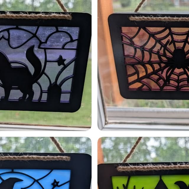 Halloween suncatchers: black cat, spider web, witch, haunted house