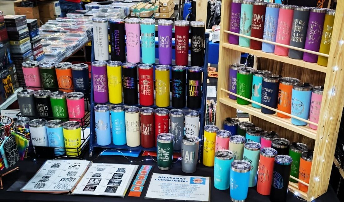 A full display of etched tumblers in every color